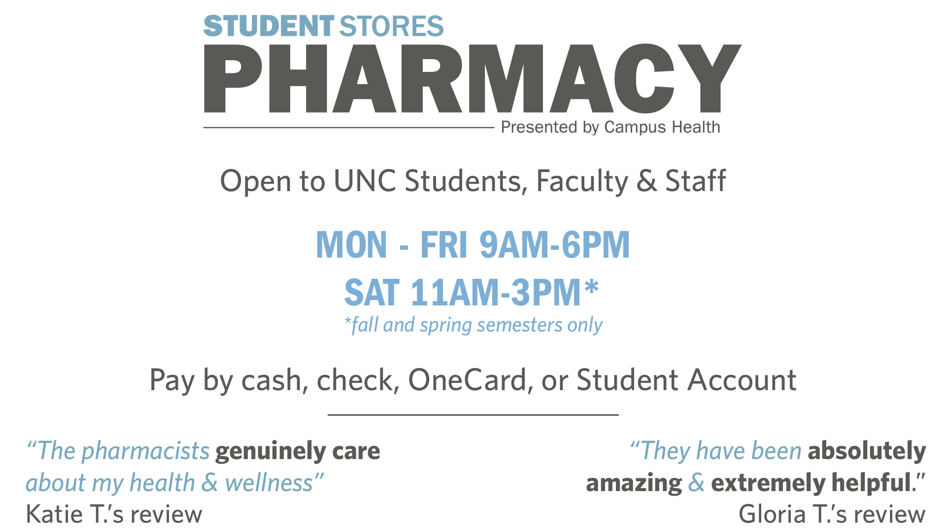 open to students faculty and staff, pay by cash, check, one card or student account