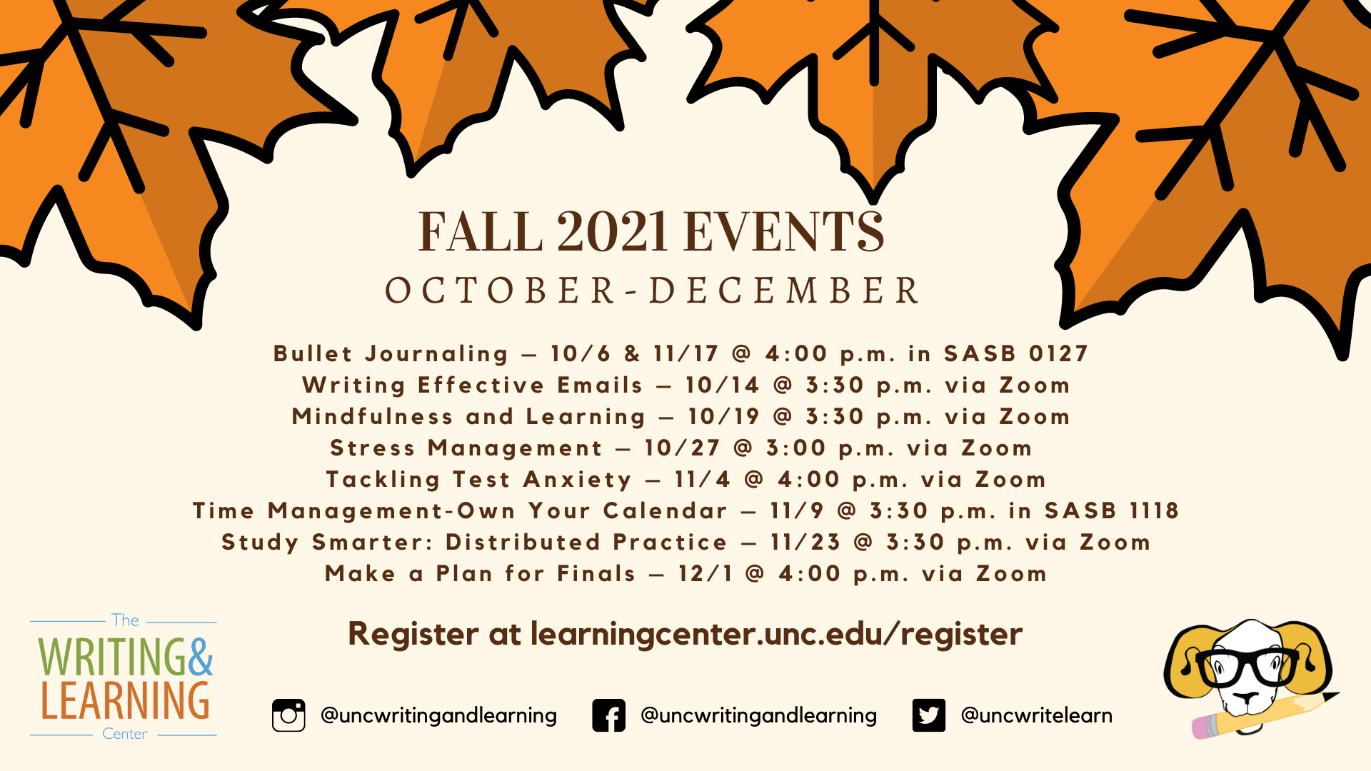 Fall 2021 Events October - December at the Writing and Learning Center