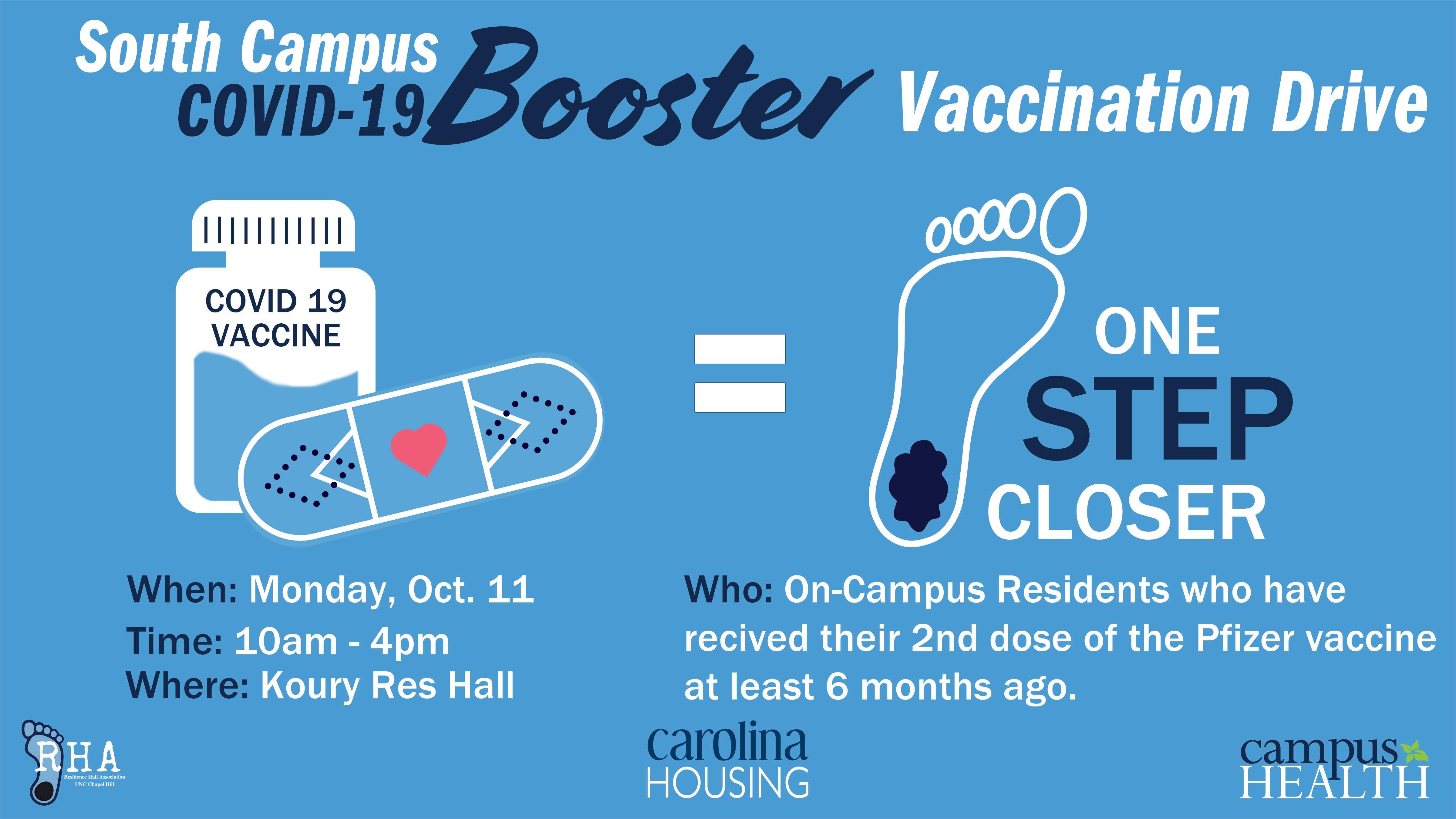 South Campus COVID-19 Booster Vaccination Drive Monday Oct 11 10 am - 4 pm Koury Res Hall for On-Campus Residents who have received their 2nd dose of the Pfizer vaccine at least 6 months ago
