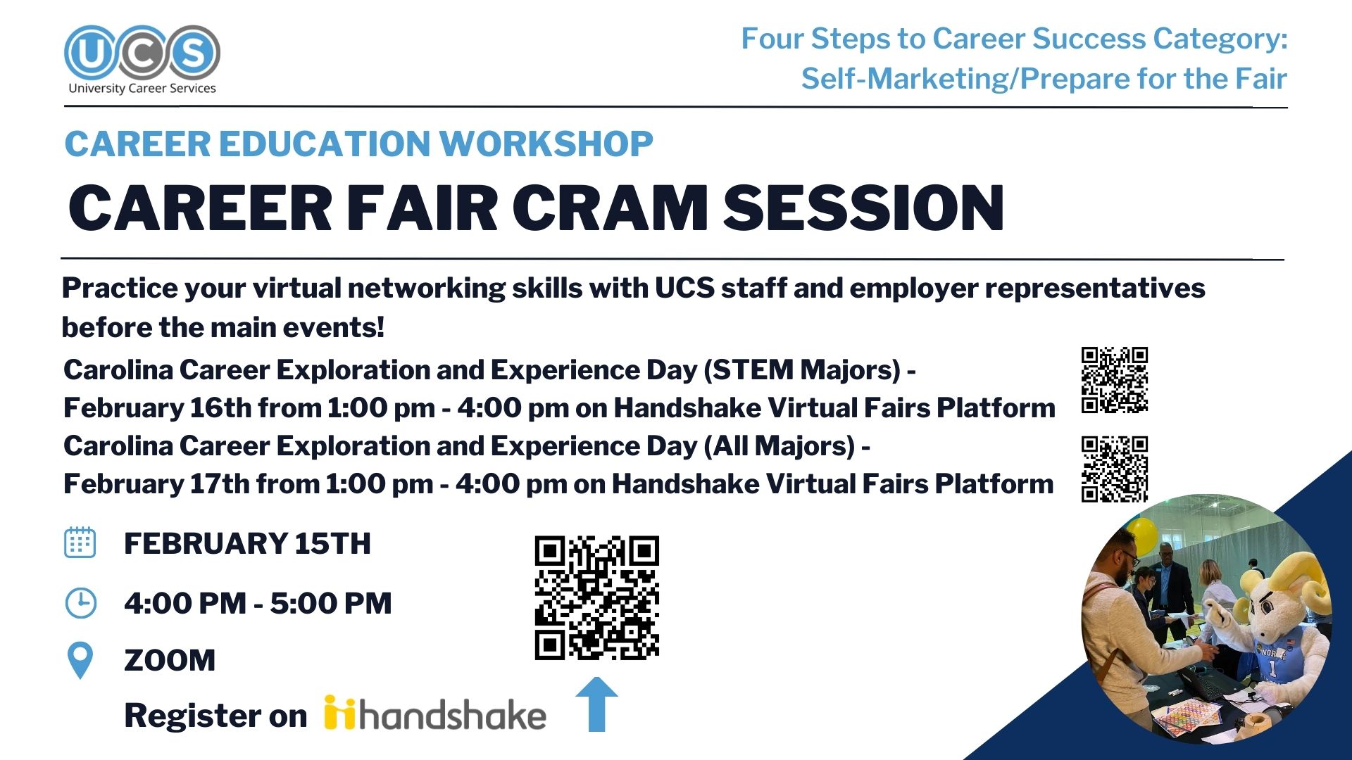 Practice your virtual networking skills with UCS staff and employer representatives before the main events!