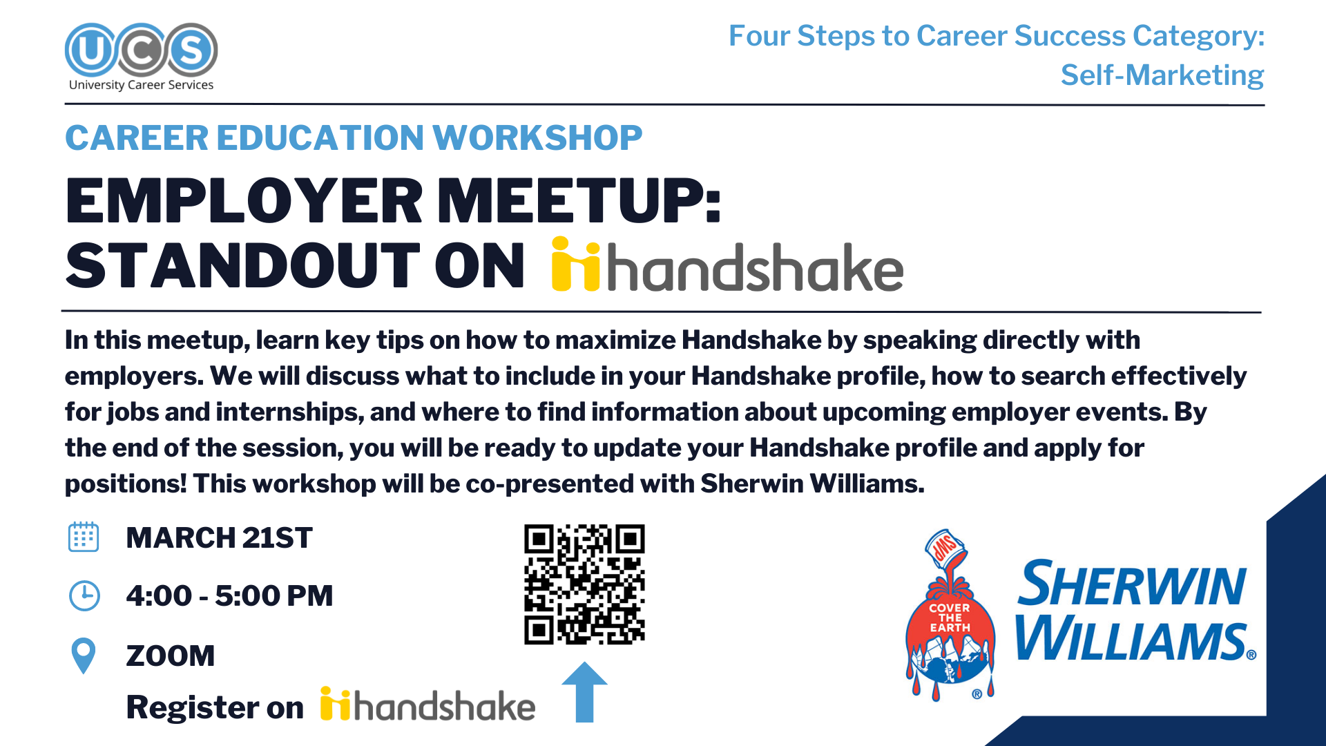In this meetup, learn key tips on how to maximize Handshake by speaking directly with employers. We will discuss what to include in your Handshake profile, how to search effectively for jobs and internships, and where to find information about upcoming em
