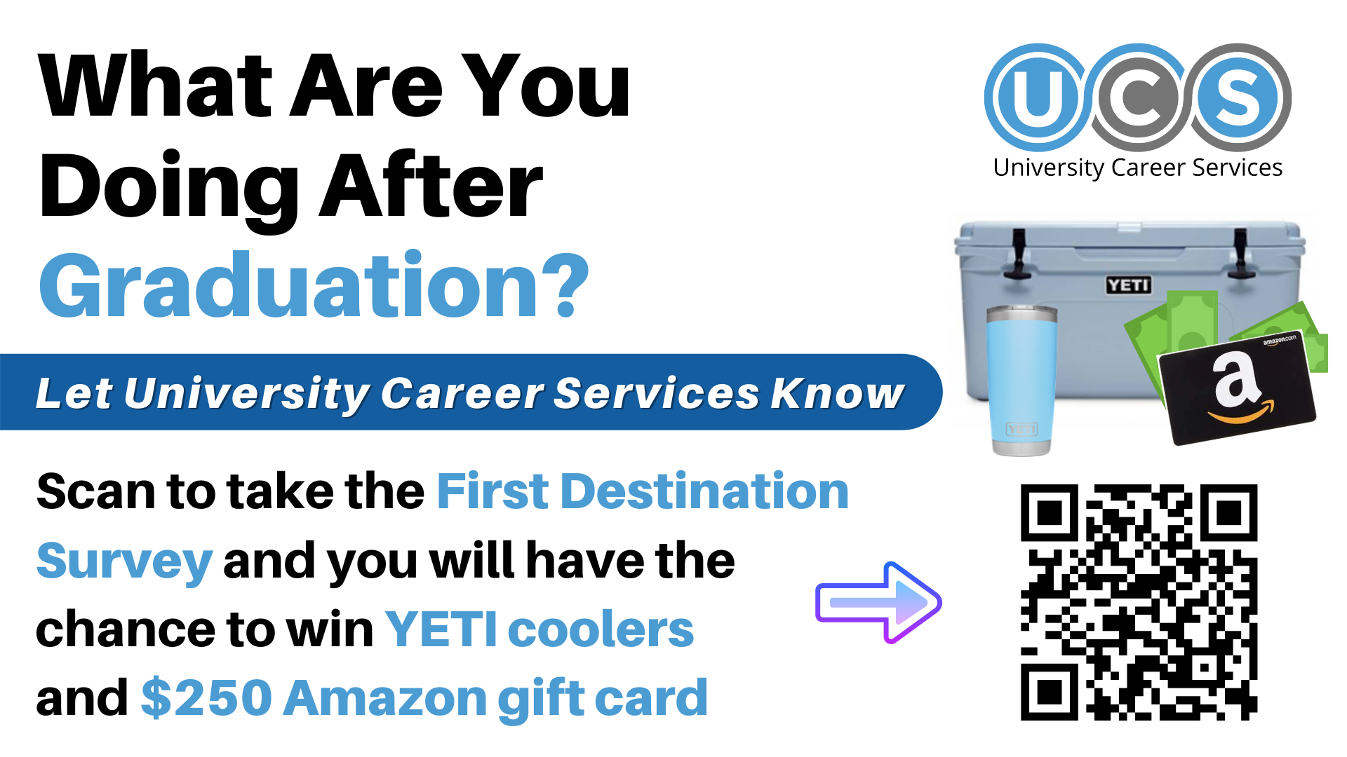 Scan to take the First Destination Survey and you will have the chance to win YETI coolers and $250 Amazon gift card 