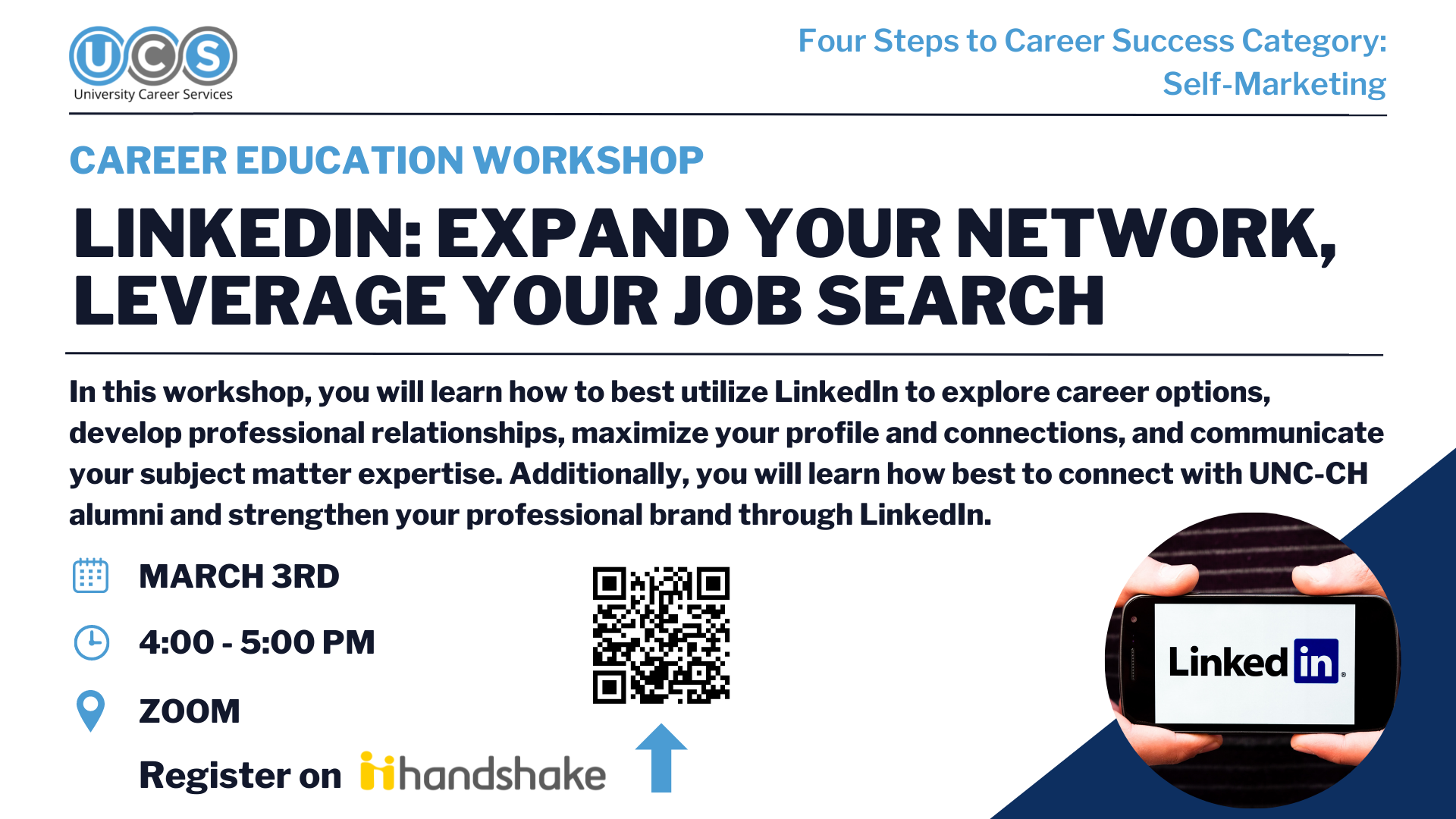 In this workshop, you will learn how to best utilize LinkedIn to explore career options, develop professional relationships, maximize your profile and connections, and communicate your subject matter expertise. Additionally, you will learn how best to con