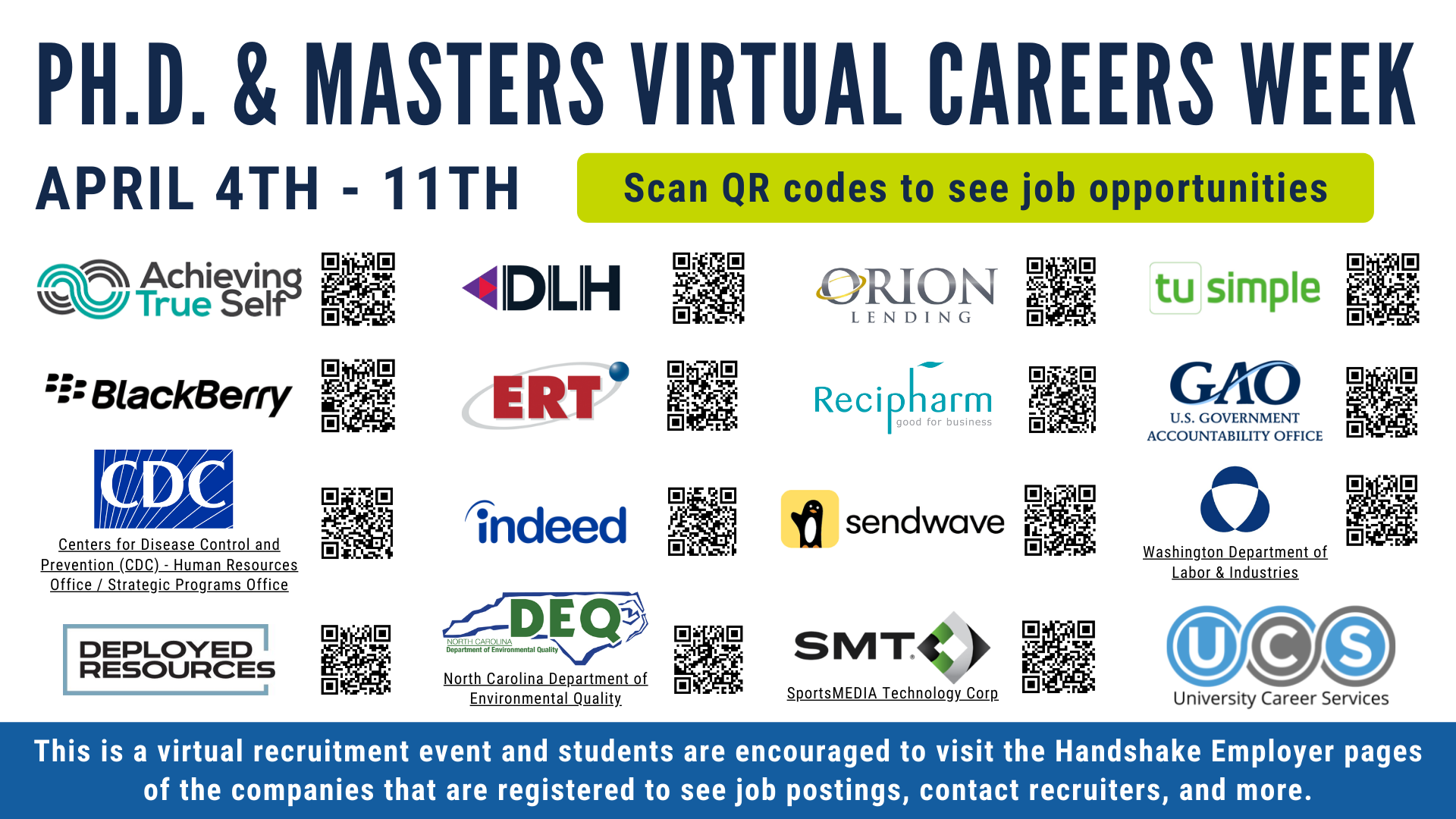 This is a virtual recruitment event and students are encouraged to visit the Handshake Employer pages of the companies that are registered to see job postings, contact recruiters, and more.