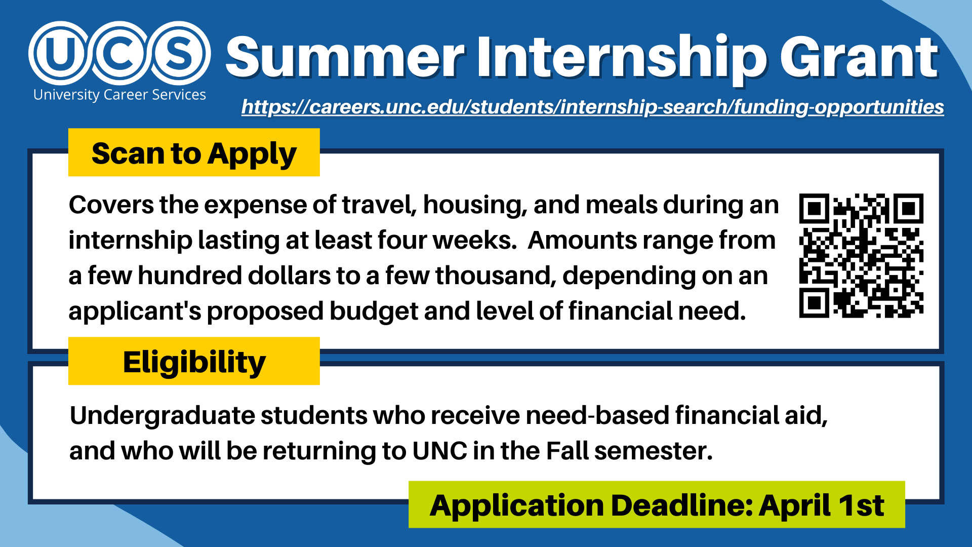 Covers the expense of travel, housing, and meals during an internship lasting at least four weeks.  Amounts range from a few hundred dollars to a few thousand, depending on an applicant's proposed budget and level of financial need.