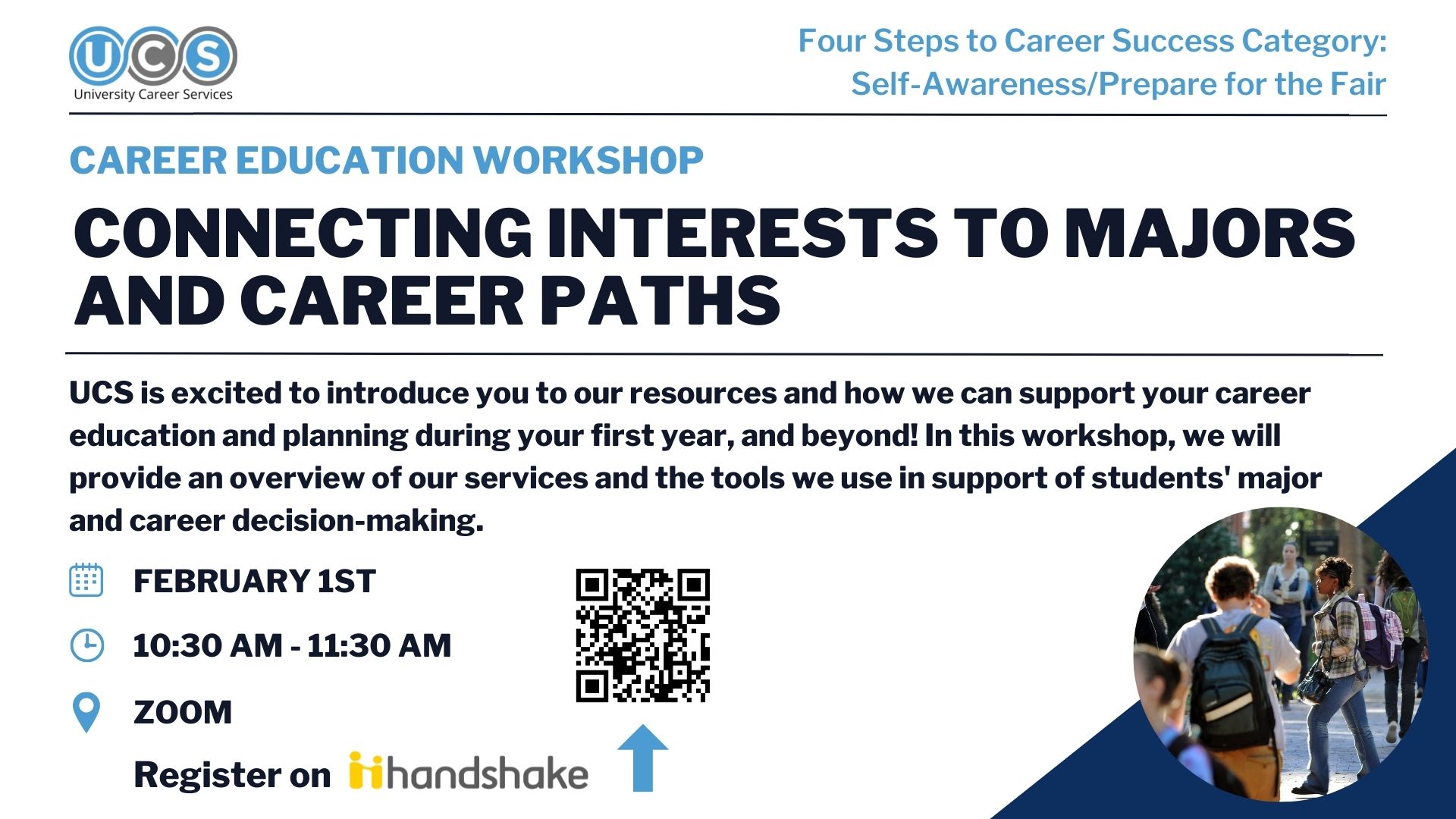 UCS is excited to introduce you to our resources and how we can support your career education and planning during your first year, and beyond! In this workshop, we will provide an overview of our services and the tools we use in support of students' major
